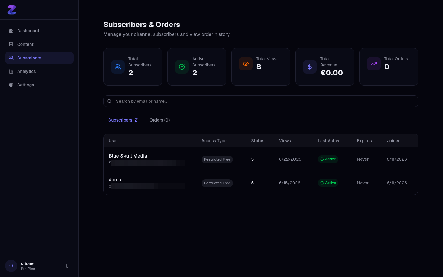The subscribers screen with stats and the subscriber list