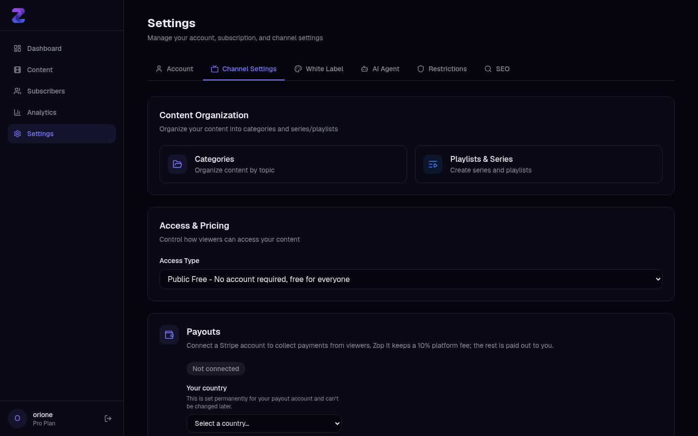 Channel settings with access type and payouts