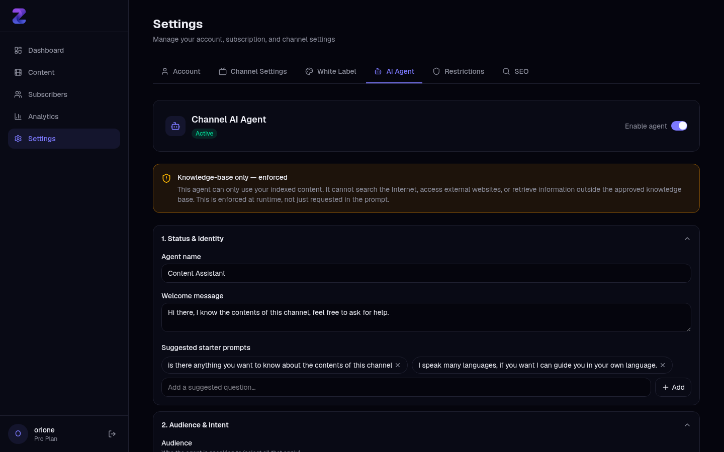 AI Agent configuration with the knowledge-base-only notice