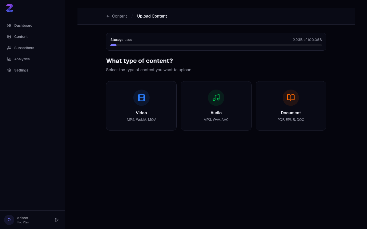 The upload screen showing Video, Audio, and Document options